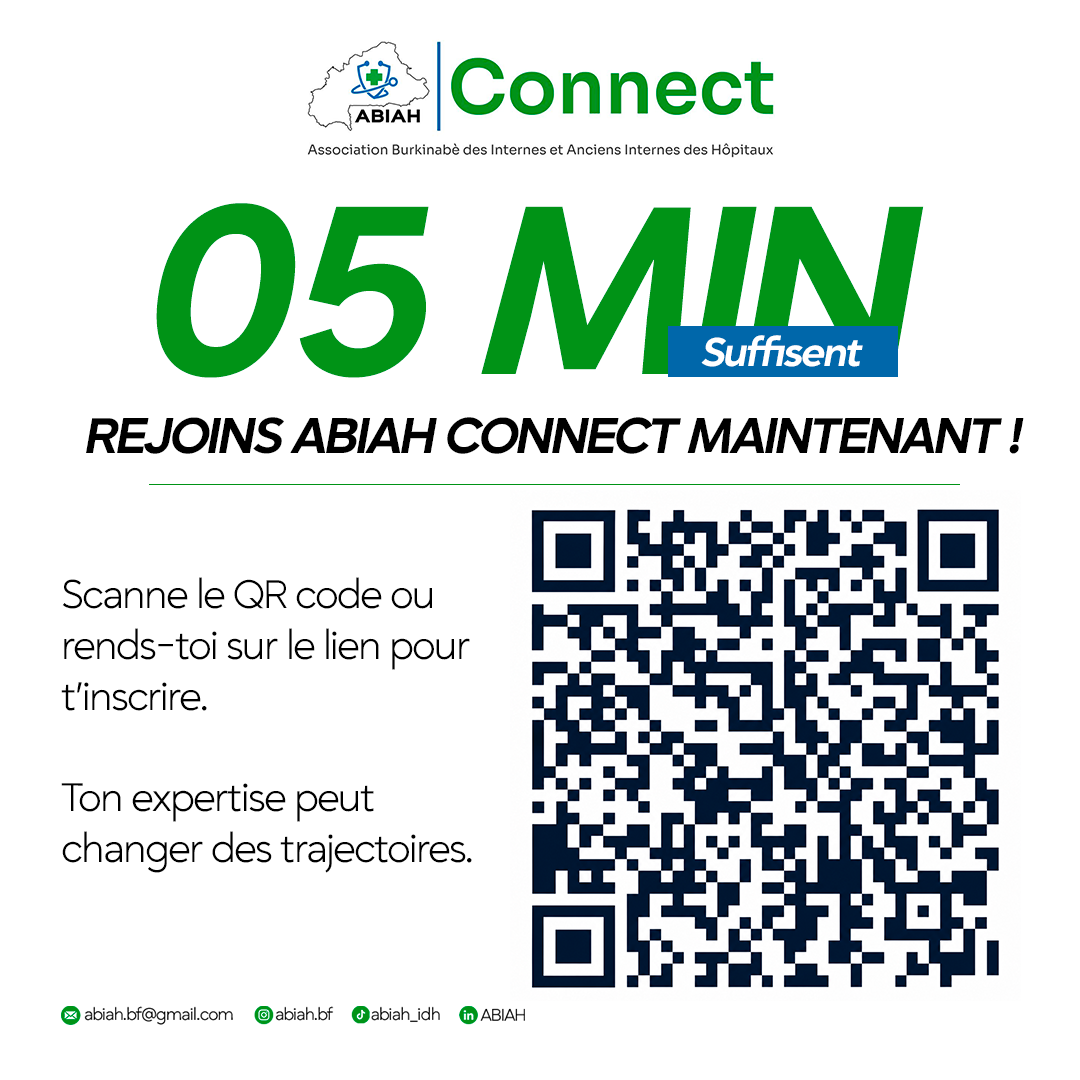 05 min suffisent. Rejoins ABIAH Connect maintenant ! Scanne le QR code ou rends-toi sur le lien pour t'inscrire. Ton expertise peut changer des trajectoires.